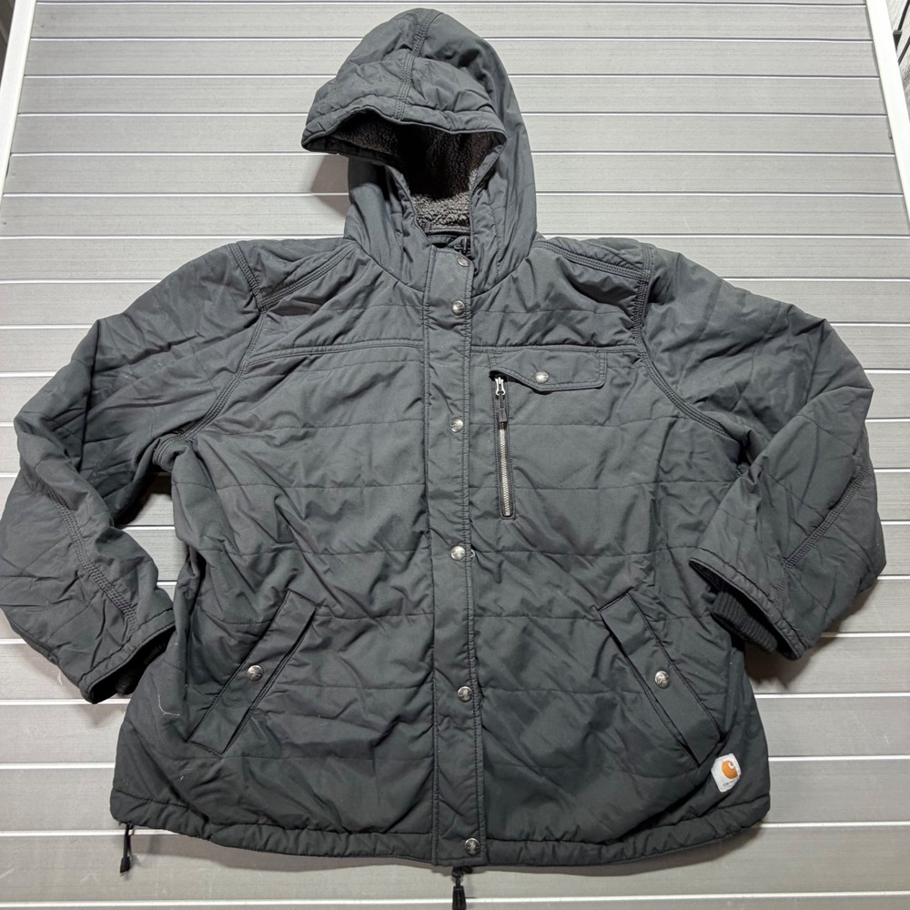 Carhartt Womens 3X Quilted Sherpa Lined Hooded Jacket Black Gray Coat 0945